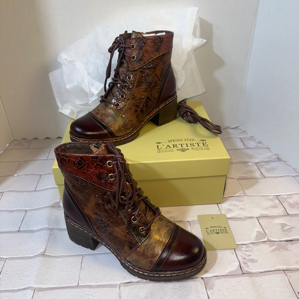L'Artiste‎ Spring Step Fallinluv Brown Multi Leather Floral Ankle Boots 35 NEW